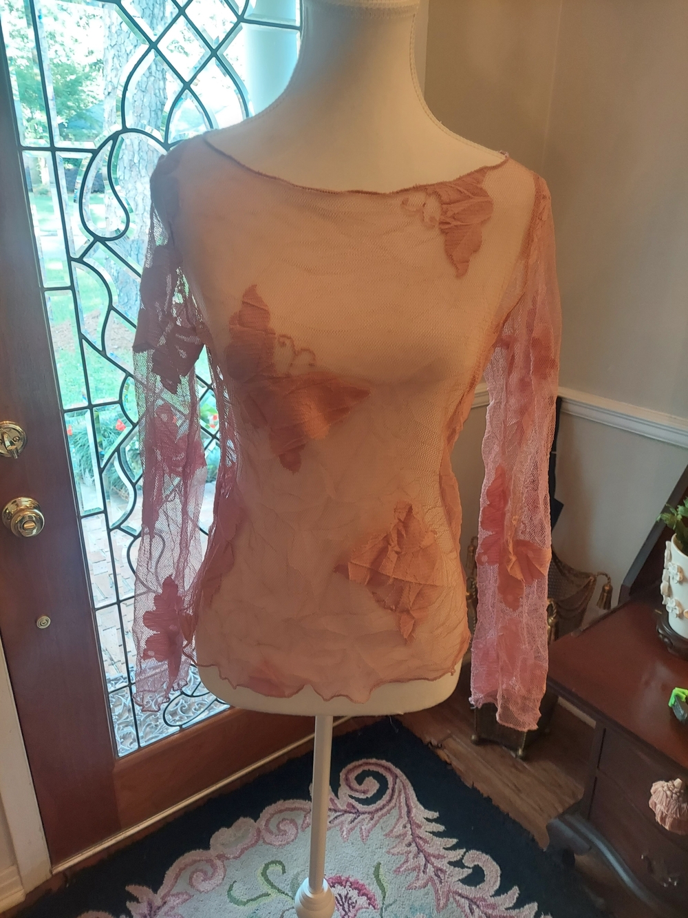 Sheer Blush Lace Appliqué Long-Sleeve Top